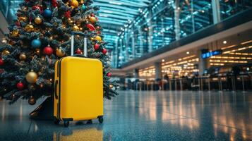 Yellow suitcase standing next to christmas tree in airport terminal symbolizing holiday travel photo