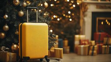 Yellow suitcase stands near decorated christmas tree symbolizing holiday travel photo