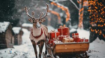 Reindeer pulling wooden sleigh loaded with wrapped christmas gifts through snowy winter wonderland photo