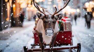 Reindeer pulling sleigh with christmas gifts during snowfall in city street photo