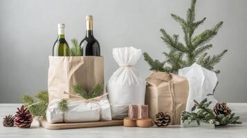 Christmas presents wrapping in eco-friendly paper and christmas tree celebrating sustainability photo