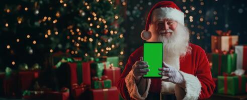 Santa claus showing a smartphone with a green screen near a christmas tree with presents photo