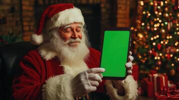 Santa claus showing green screen tablet sitting near christmas tree photo