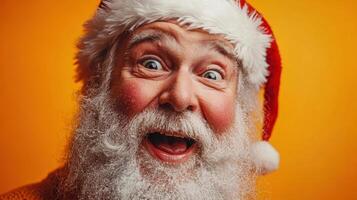 Excited santa claus making a funny face is wearing a christmas hat and looking surprised photo