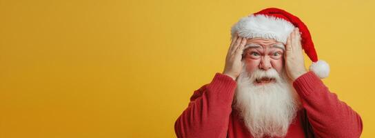 Santa claus experiencing shock and disbelief, holding his head with hands, against a vibrant yellow backdrop photo