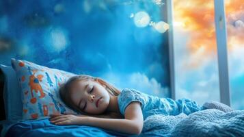 Little girl sleeping peacefully in bed while dreaming of flying in the sky photo