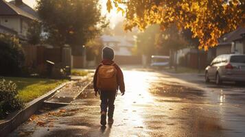 Little schoolboy walking alone on the street after rain at sunset in autumn photo