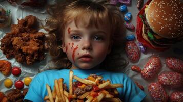 Child lying down covered in junk food, illustrating childhood obesity photo