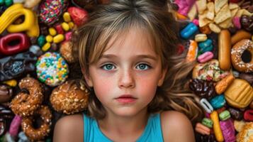 Girl lying down surrounded by sugary treats and candy photo