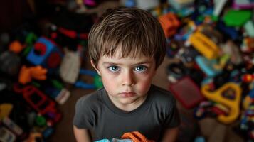 Sad child surrounded by toys holding a blanket photo