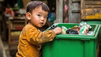Poor asian child searching for food in garbage container photo
