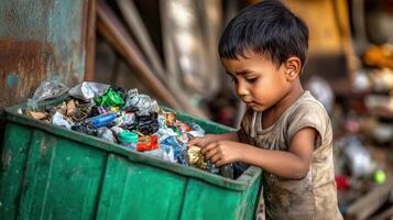 Poor child searching for recyclable materials in garbage dumpster photo