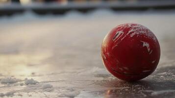 Red ball lying on frozen lake during sunset in winter photo
