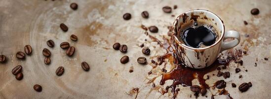 Spilled coffee cup and roasted coffee beans on table photo