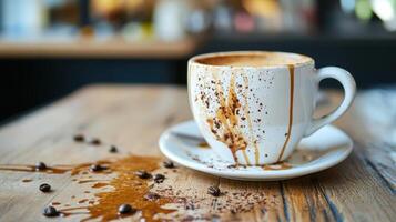 Messy coffee cup spilling on table with coffee beans and cocoa powder photo