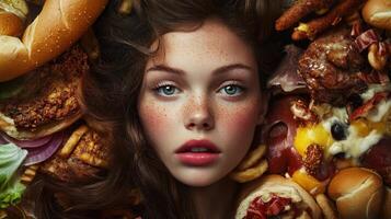 Pretty model lying on junk food for conceptual portrait representing gluttony photo