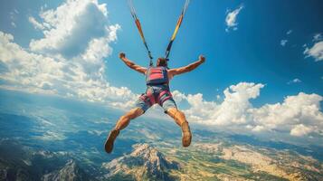 Skydiver celebrating while falling from the sky above mountains photo