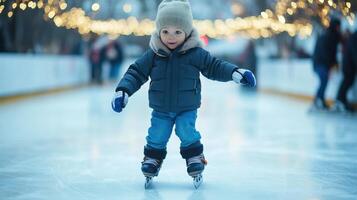 Cute toddler learning ice skating on christmas city rink during winter holidays photo