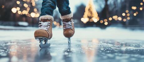 Child enjoying ice skating on christmas day in city centre ice rink photo