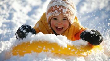 Happy child sliding downhill on snow tube enjoying winter fun photo