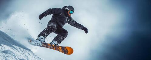 Snowboarder jumping on snowy mountain slope on cloudy day photo