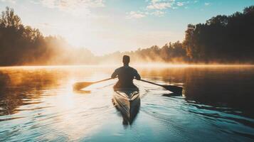 Kayaker paddling at sunrise on a misty lake enjoying the tranquility of nature photo