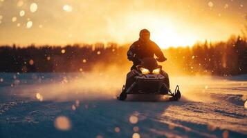 Snowmobiler riding fast in winter wonderland at sunset photo