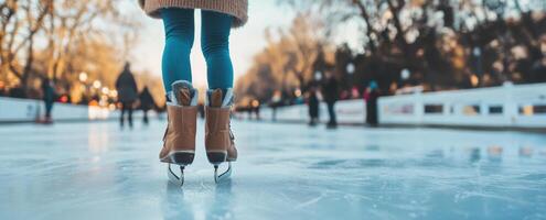 Woman wearing ice skates standing on ice rink surface in urban park photo