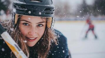 Female hockey player smiling while holding hockey stick during snowfall photo