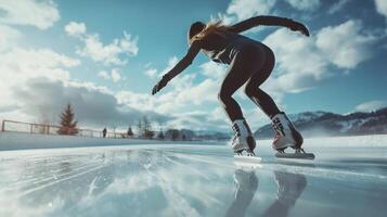 Professional speed skater training on frozen lake in the mountains photo