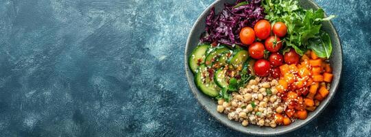 Buddha bowl presenting wheat berries, chickpeas, roasted sweet potatoes, and fresh vegetables photo
