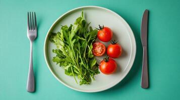 Fresh arugula and cherry tomatoes served on plate with fork and knife on turquoise background photo