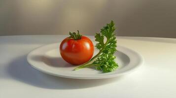 Ripe red tomato and parsley sprig resting on white plate photo