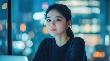 Young businesswoman working late at night in office with city lights in background photo