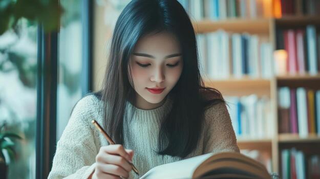 Young woman student taking notes and studying in library photo