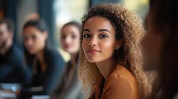 Confident young woman attending business meeting or university lecture photo