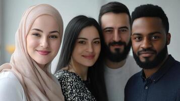 Diverse group of professionals smiling together in unity photo