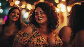 Plus-size woman smiling and enjoying with friends at night party photo