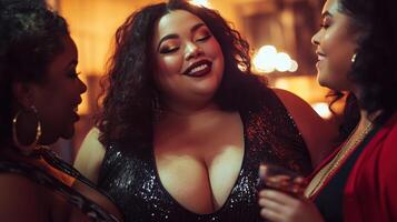 Curvy women having fun together at the disco, chatting and drinking cocktails photo