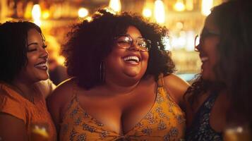 Three female friends laughing and talking together in a bar photo