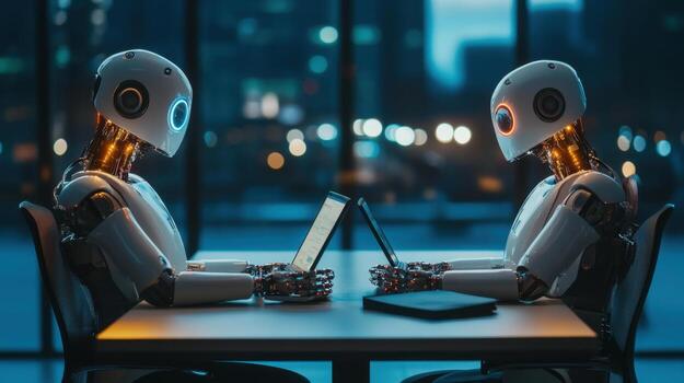 Two robots working late at night in modern office using laptop computers photo