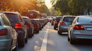 Cars are standing in a huge traffic jam at sunset photo
