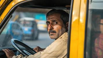 Indian tuk-tuk driver looking out from yellow taxi in traffic photo