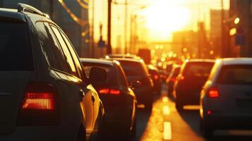 Cars standing in a traffic jam at sunset in the city photo