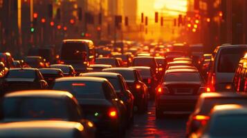 Many cars are stuck in a huge traffic jam at sunset photo