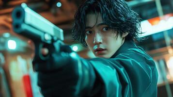 Secret agent aiming with handgun in dark urban environment photo