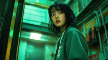 Young woman exploring abandoned industrial place with green lights photo