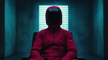 Guard wearing red overalls and helmet sitting in futuristic prison cell photo