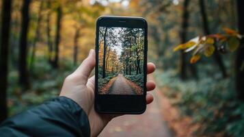 Tourist taking photo of scenic forest road with smartphone in autumn