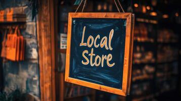 Local store sign hanging outside a small business photo